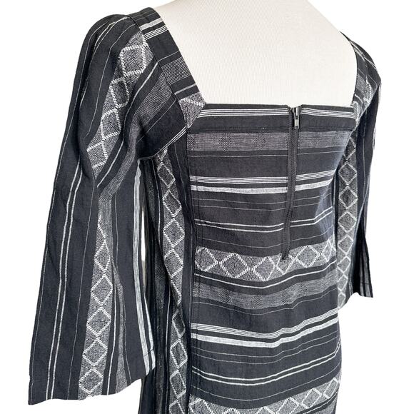 Wrap London NEW Linen Blend Square Neck Striped Argyle Shift Dress Black US 2 - Picture 5 of 12